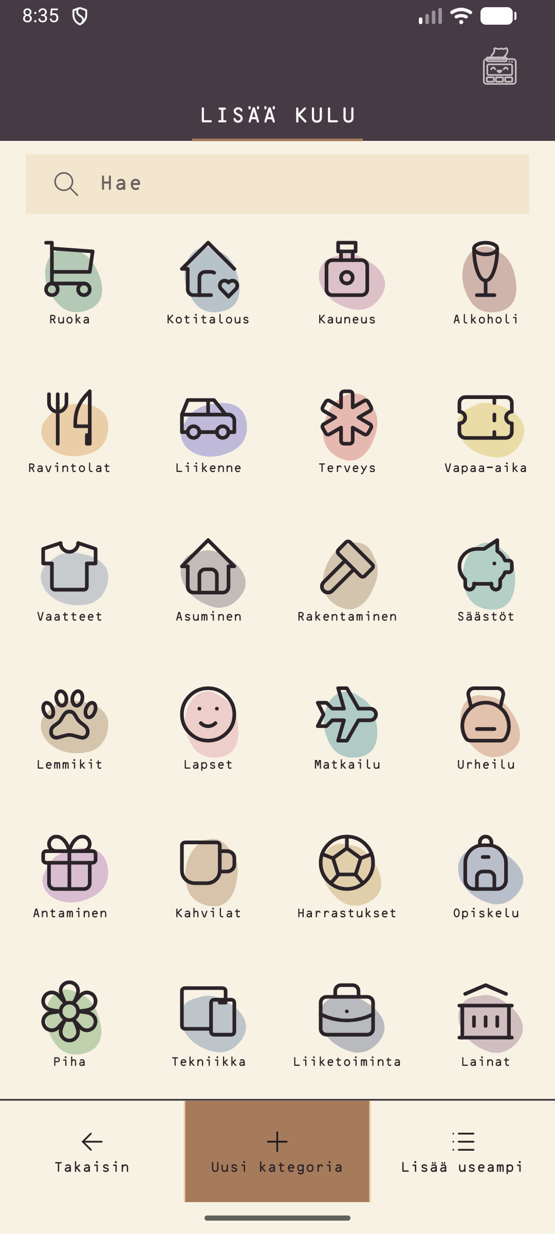 Category grid for a new purchase